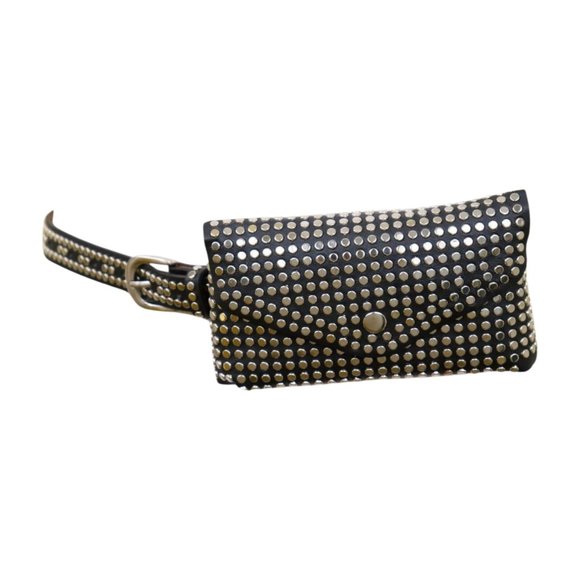 Women Black Faux Leather Skinny Belt + Wallet Bag Silver Studs Size S M z037 main image 4